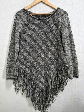 Hazel Grey Marled Asymmetric Fringe Hem Diagonal Cable Knit Sweater M Boho
